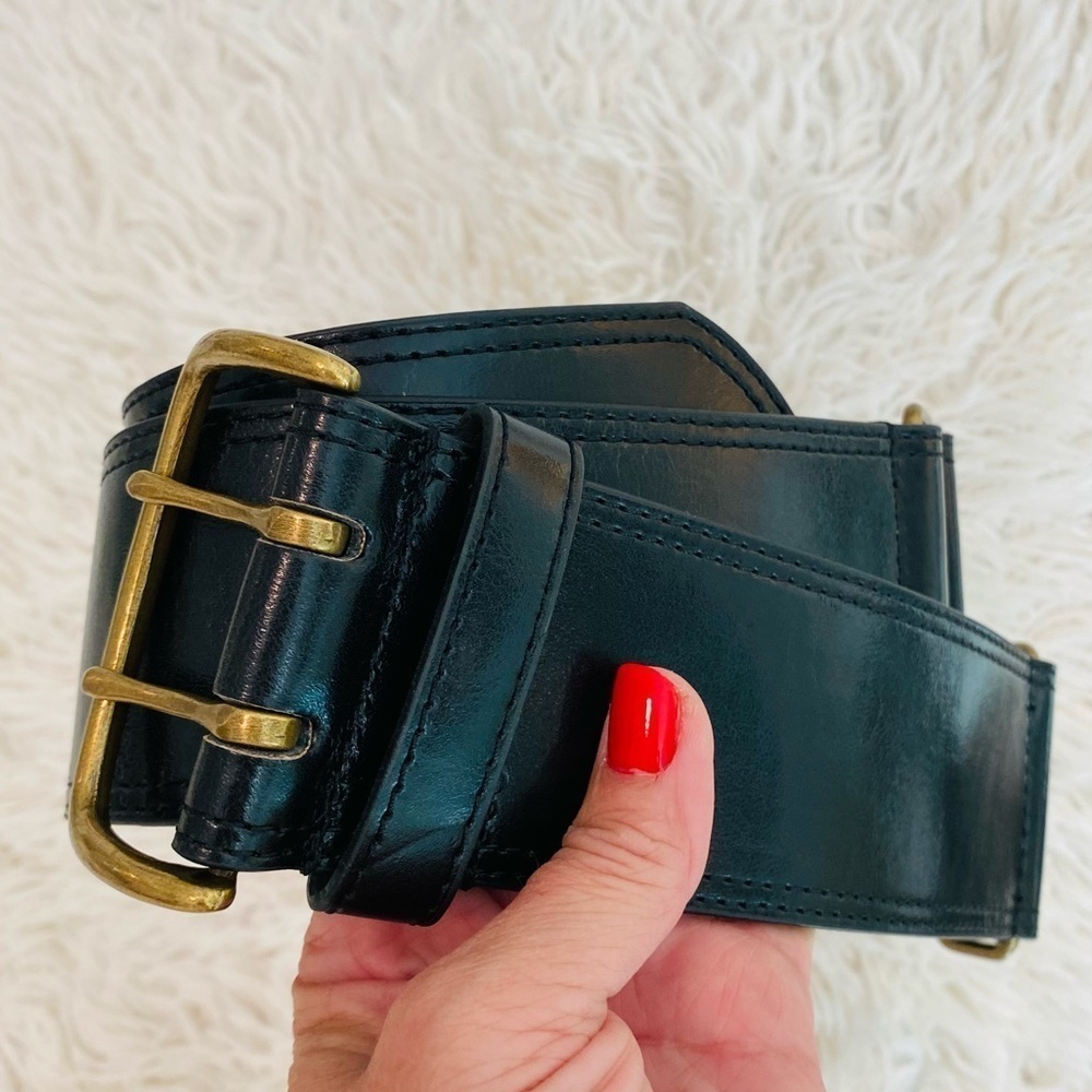 Black 2.25” Wide Belt Gold buckle 32” up to 36”